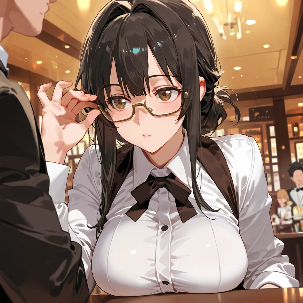 masterpiece, best quality, high resolution, anime, 1girl, spectacles, tuxedo waitress, cafe