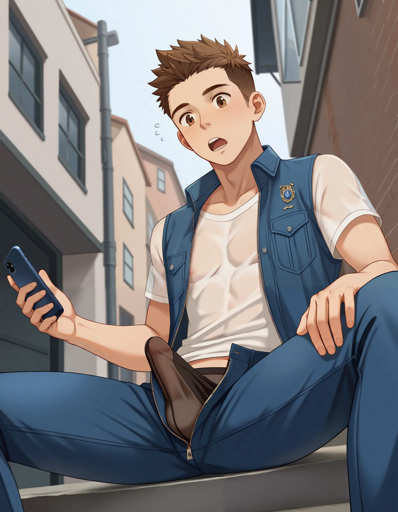 (((looking at smart phone))), (((one young man, casual clothes, sticking out (transparent see through fine mesh) men's stylish dark underwear with erect pushed up fabric penis outlined))), ((his unzipped pants)), men's underwear with small penis, (his erec...