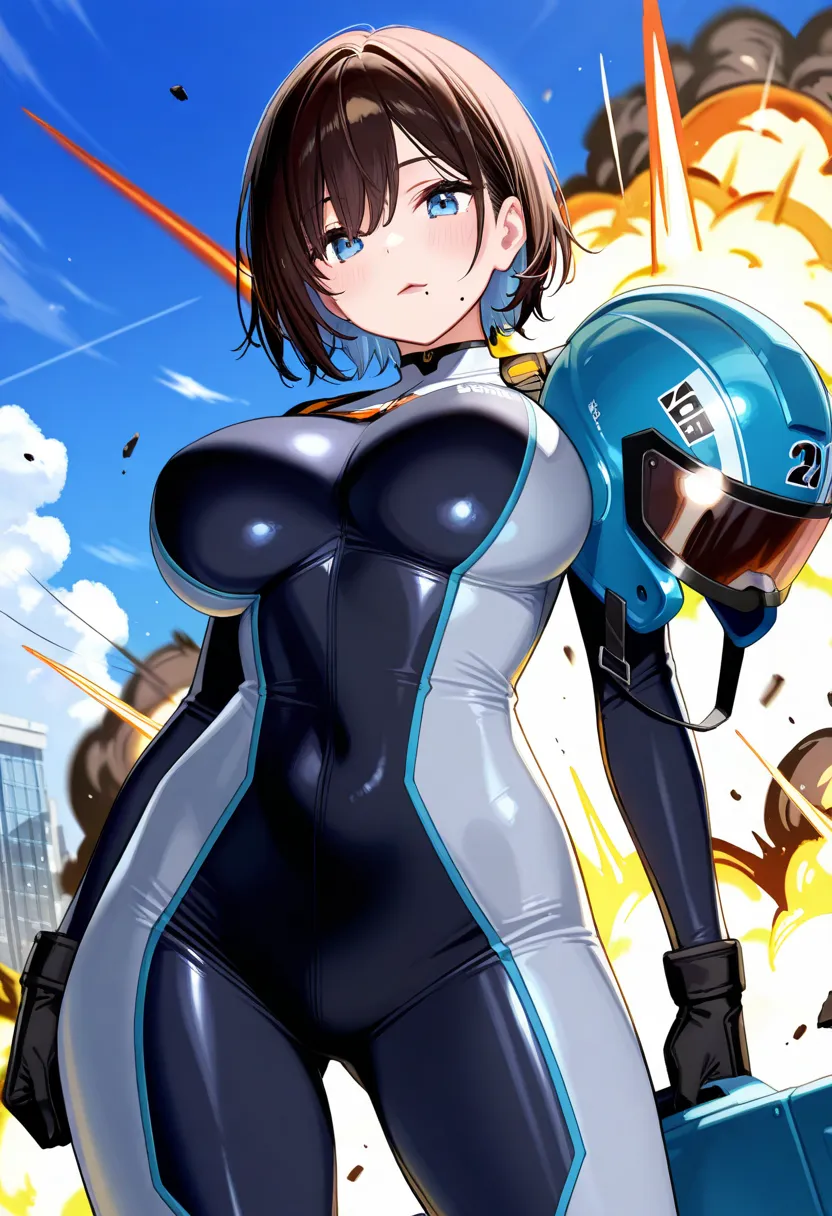 score_9,score_8_up,score_7_up,rating_safety,source_manga,masterpiece,best quality,hyper detailed,super fine illustration,8k,front angle,BREAK 1woman,solo,31yo,(Helmet),(brown hair,short hair),(light blue eyes),(a mole under mouth),(big breast:0.7),(bodysui...