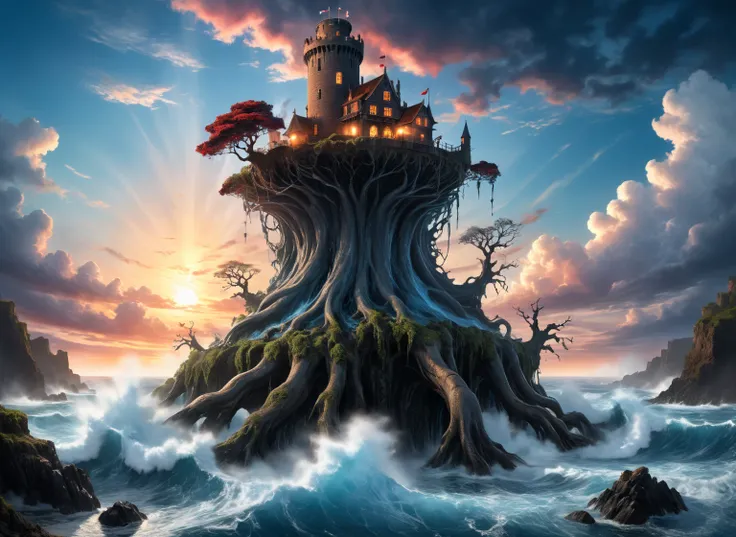 (A huge massive colossal creature with 8 thick long legs of colossal dimensions carries on its back a round tower of magic with a tree on the top of the tower on its back across the sea:1.3), (Tore off the ground on long, thick, several clearly defined 8 l...