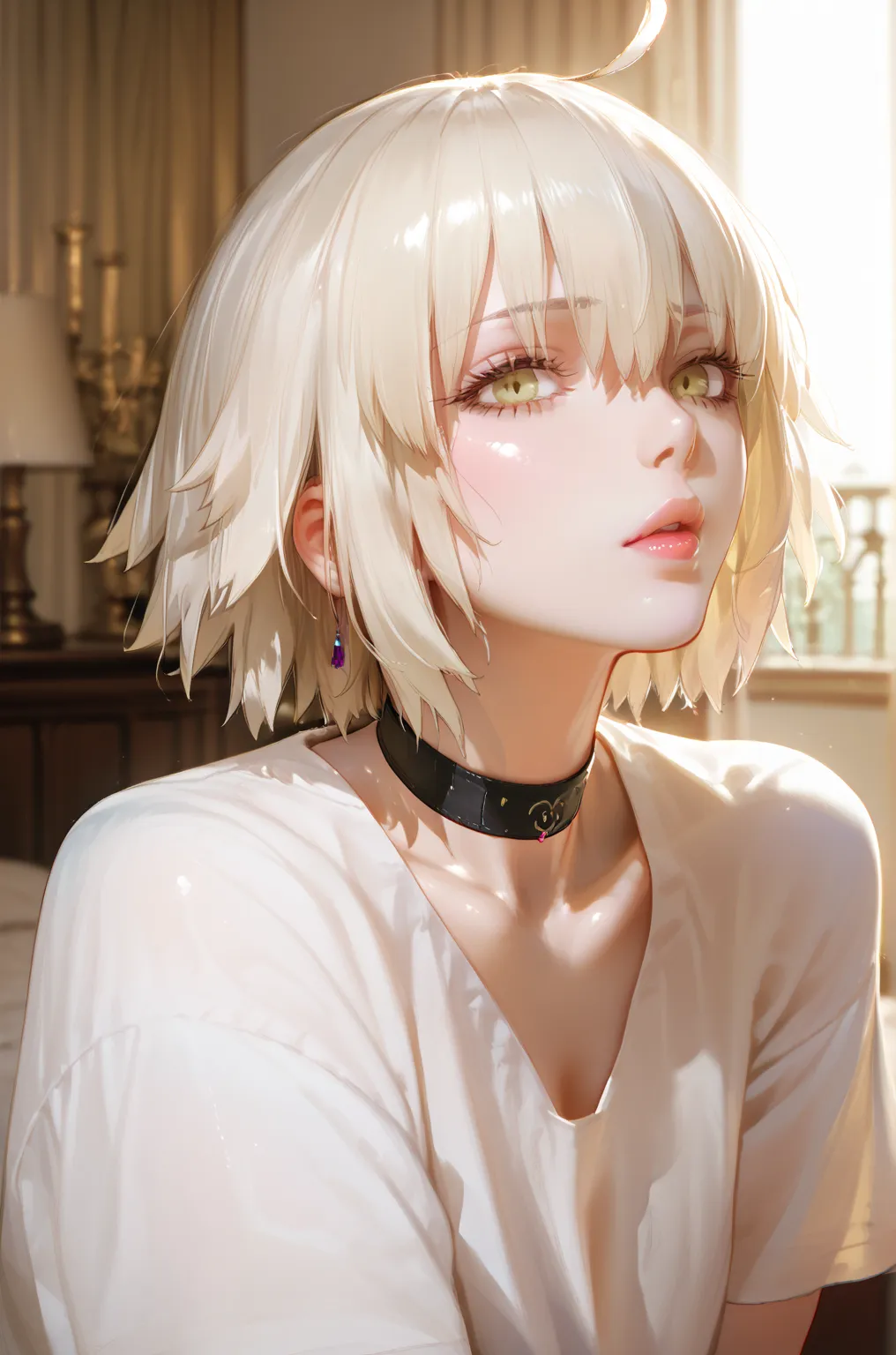   Beautiful Art , 18 year old girl  . plump lips.  Eyes Grow Bigger .  ((very short hair)),  well-trained body, ((Perspiration)), choker,  down blouse that shifts the chest, slouching,  loose white shirt,  ,((Jeanne･Darc･Alter))