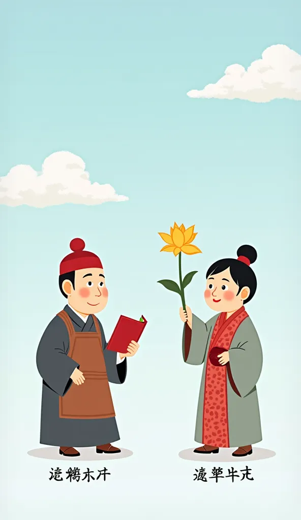 Two cartoon-style figures, Asian-looking, depicted in a light-blue sky background with white clouds. The figure on the left, positioned slightly off-center left, is middle-aged, wearing a red hat, gray-brown robe, and an apron.  He is holding a red book an...