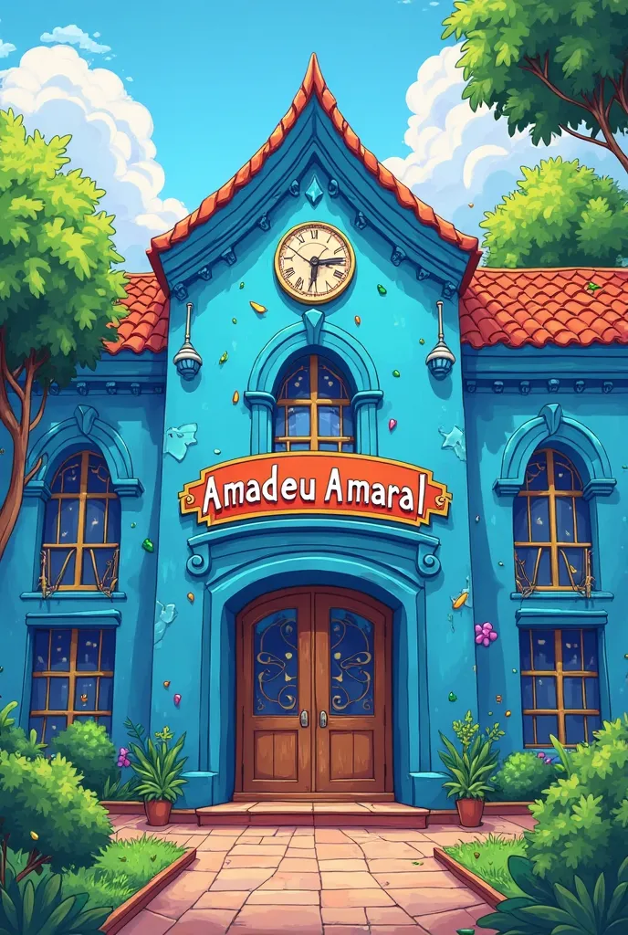 School façade in blue color with a sign written by Amadeu Amaral, cartoon style