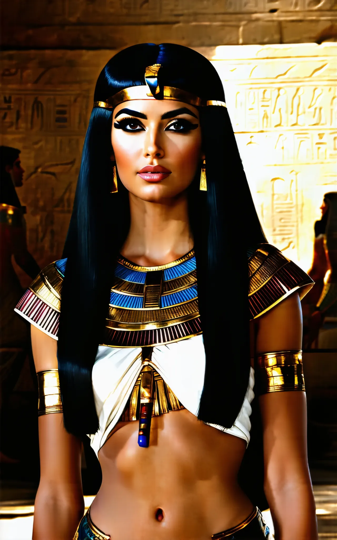 Cleopatra, beautiful face, very long black hair, perfect body, Egyptian background, sexy, seductive, high detail, masterpiece.