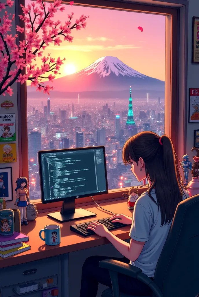 **Scene 1: Opening Scene**
- A serene sunrise over Mount Fuji, with cherry blossoms gently falling in the foreground.  
- A young lady programmer sits at their desk, typing on a laptop, surrounded by anime posters, figurines, and a mug with an anime design...