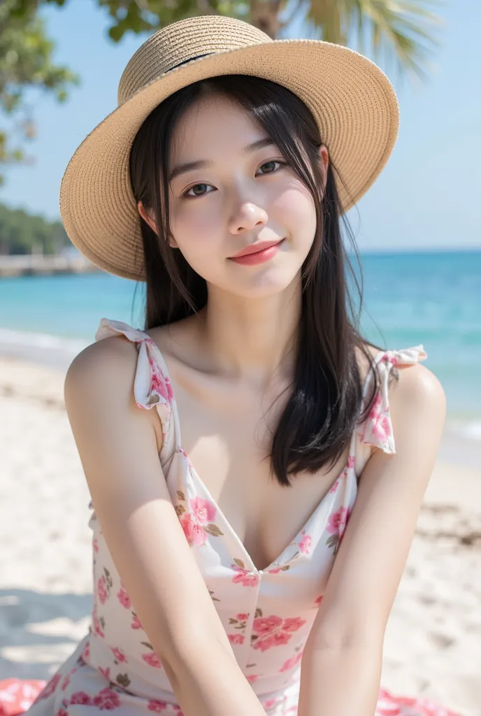 beauties、cute、straw hat、Date、strand、 Japanese idol、delicate and dynamic、real、High Resolution、clear skin、A refined smile