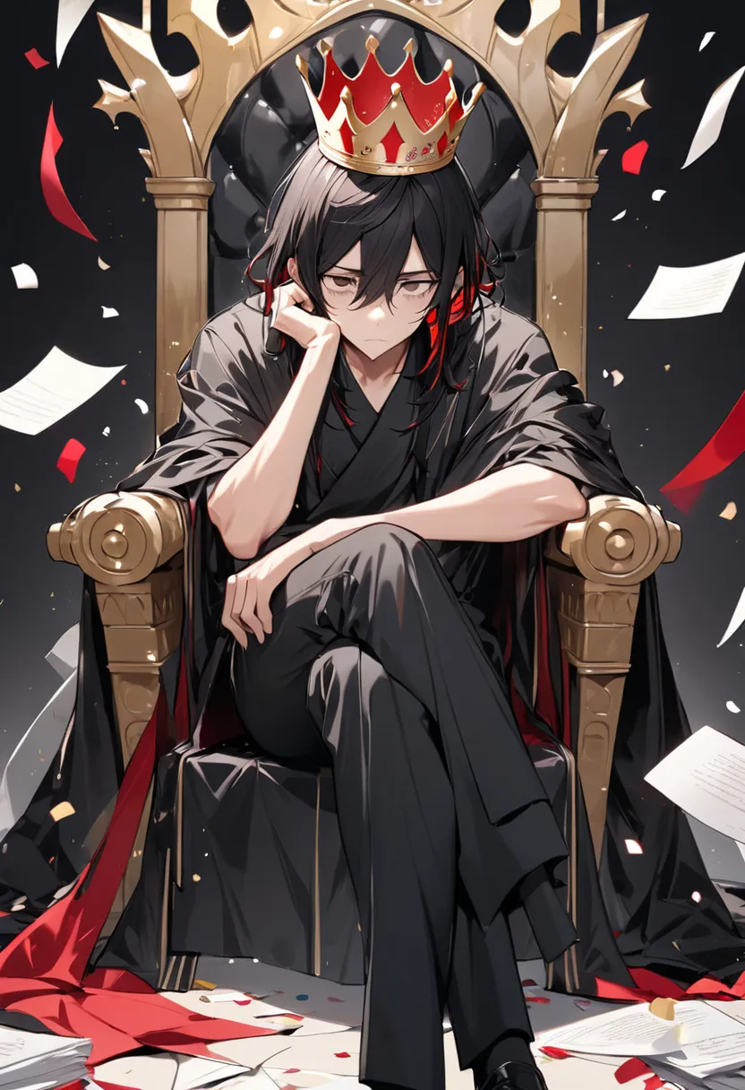 masterpiece, best quality, A boy, droopy eyes, dark brown eyes, black medium length hair ,colored inner hair red in black hair, drooping eyes, depressed, serious, crossed legs, (background: throne, white confetti, Paper crown )