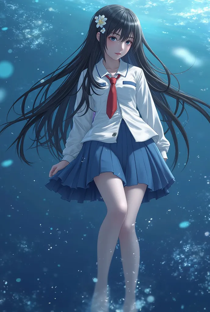 ((masterpiece , High Resolution , best quality , 8k)) (Satin Tears)( female 1 person , long black hair , breast ,  slim , Flower Hairpin) ( white sailor suit , RED TIE , blue skirt)spread legs , Aheiyan , （（upside down ， supine）） , Wet water droplets
