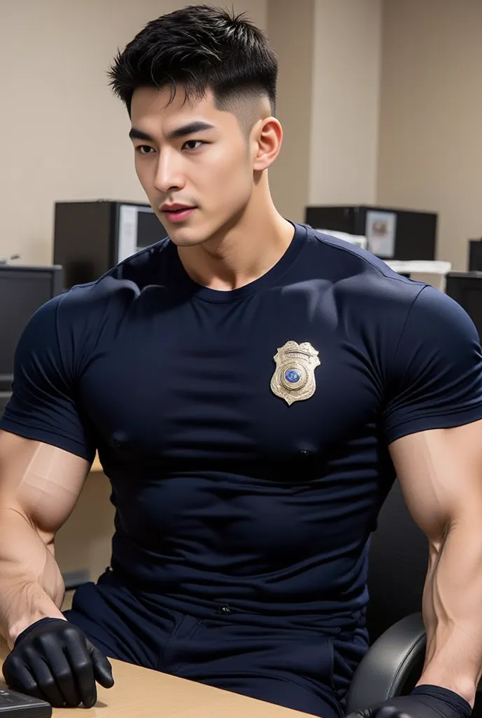 1 handsome man short hair ,crew cut hair play computer ,Wear a fitted round neck t-shirt, solid blue t-shirt,with a police badge,Navy Cargo pants,black gloves, Korean guy,chest muscles,large arm muscles,blood vessel,Big muscles,Broad shoulders, in computer...