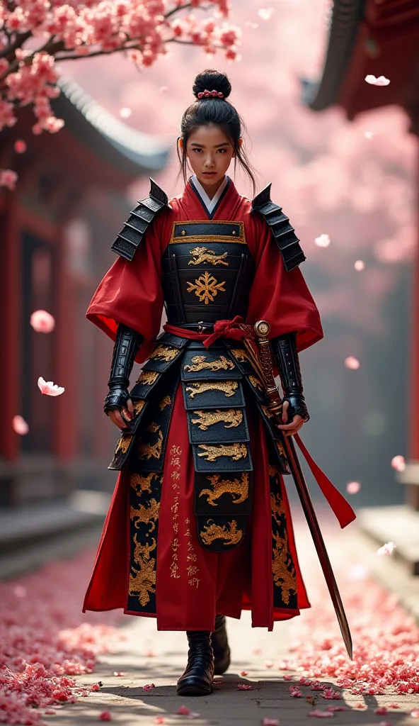 "A stunning, highly detailed full-body shot walking directly toward the camera with confidence. Samurai Warrior Princess (Japan 🇯🇵) – A disciplined samurai woman in crimson and black battle armor with golden dragon patterns. Her sharp katana is held at her...