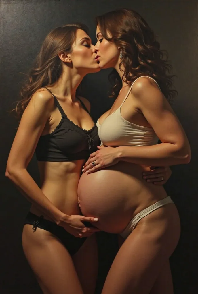 A tall woman kisses a pregnant married woman and puts her hand on her butt 