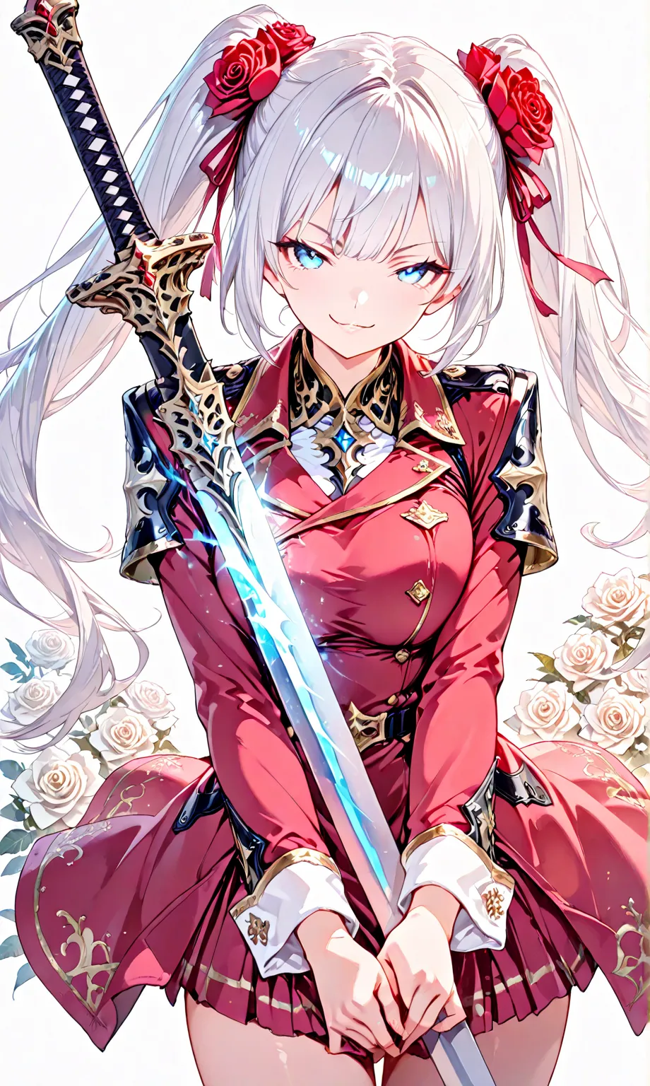 masterpiece, absurdres, very aesthetic, engraved, (Watercolor: 0.4), (Pastel: 0.6), one girl centered in frame, jet black long twin tails with faint white highlights tied with a ribbon, knight in a red rose military uniform, blue eyes, swinging a katana hi...