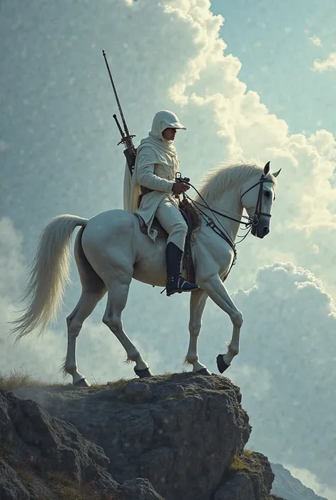 A white-clad man riding a white horse has 2 swords behind his back and a gun in his hand his horse's finger is raised 2 legs and the man is targeting someone There are light black clouds in the sky and he is a man on the top of a mountain is on 
