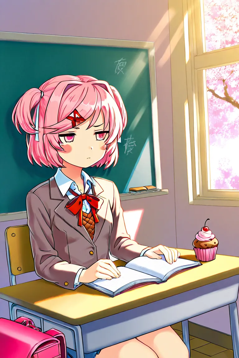 Anime-style detailed illustration. Natsuki from *Doki Doki Literature Club* sitting at a school desk in a bright classroom. She has pink hair in twin tails with white ribbons, wearing a school uniform with a red bow tie. She’s engrossed in reading manga, t...