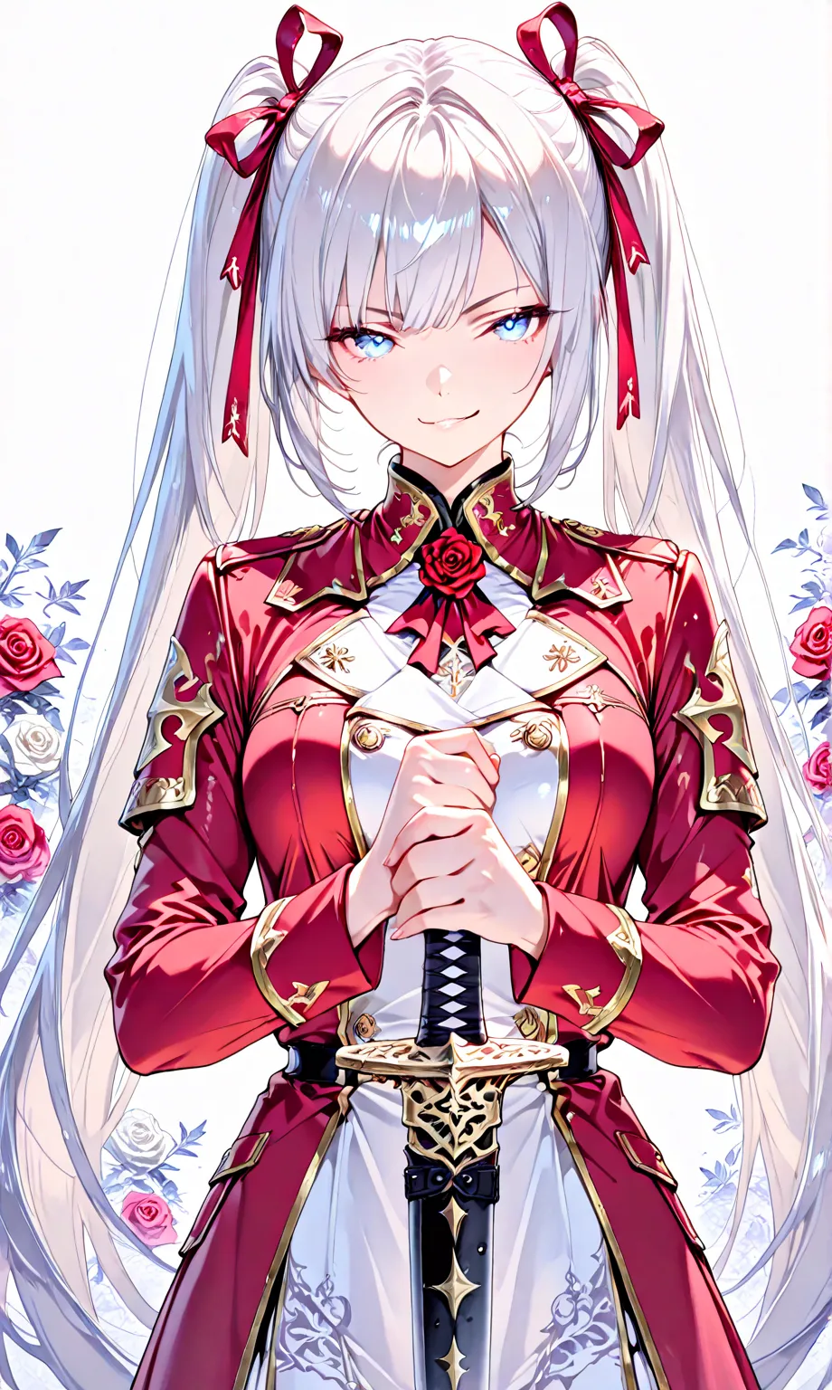 masterpiece, absurdres, very aesthetic, engraved, (Watercolor: 0.4), (Pastel: 0.6), one girl centered in frame, jet black long twin tails with faint white highlights tied with a ribbon, knight in a red rose military uniform, blue eyes, brandishing an engra...