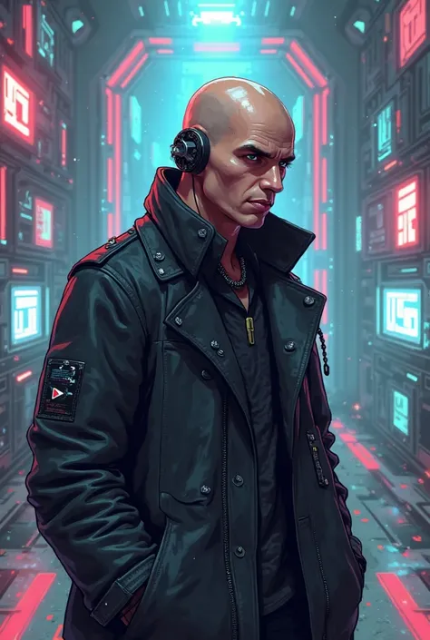 Pixel male game character, bald, with earphones, dress with black coat,  in a technological environment