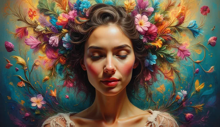 A woman's face with a tender, enigmatic smile, her hair morphing into a lush tapestry of wildflowers that undulate in harmony with the curves of F(x) = x⁴ sin(x) + cos(x³) sin(x²), as if the very fabric of reality has been woven into a whi...