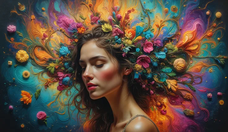 A woman's face with a tender, enigmatic smile, her hair morphing into a lush tapestry of wildflowers that undulate in harmony with the curves of F(x) = x⁴ sin(x) + cos(x³) sin(x²), as if the very fabric of reality has been woven into a whi...