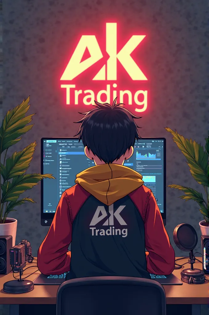 A 18 Year Anime Boy Sitting In Front Of A Computer Desk With A Microphone And Laptop Wearing Black T Shirt And Red Yellow With Channel Name On It AK Trade The Background Includes A Large AK Trading Logo On The Wall Potted Plants Either Side And Various Rec...