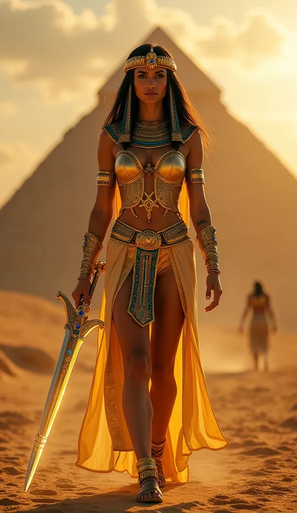 A stunning, highly detailed full-body shot walking directly toward the camera with confidence. Large breasts, Breasts, Egyptian Sun Goddess Warrior (Egypt 🇪🇬) – A regal Egyptian warrior queen in shimmering golden armor, her headdress adorned with sapphire ...