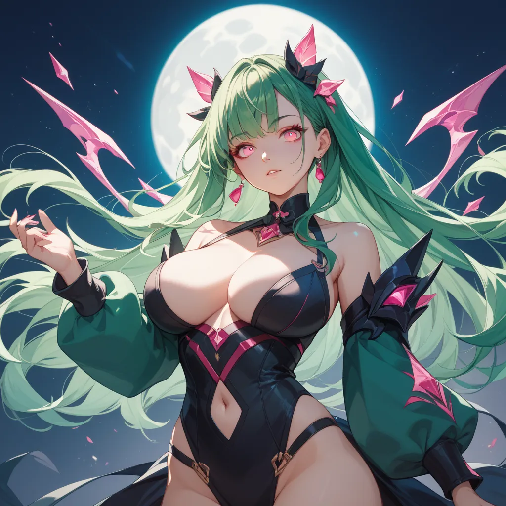  green hair、long hair、bungs、Big Breasts、 pink eyes、Sharp Eyes、stares、 full moon、Moonlight energy、coastal、front、 everyday wear