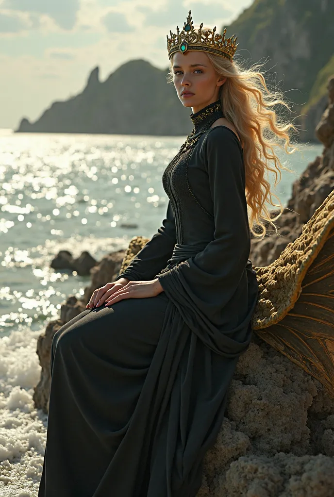 Blonde girl dressed in black with a crown on her head sitting on a dragon near the sea