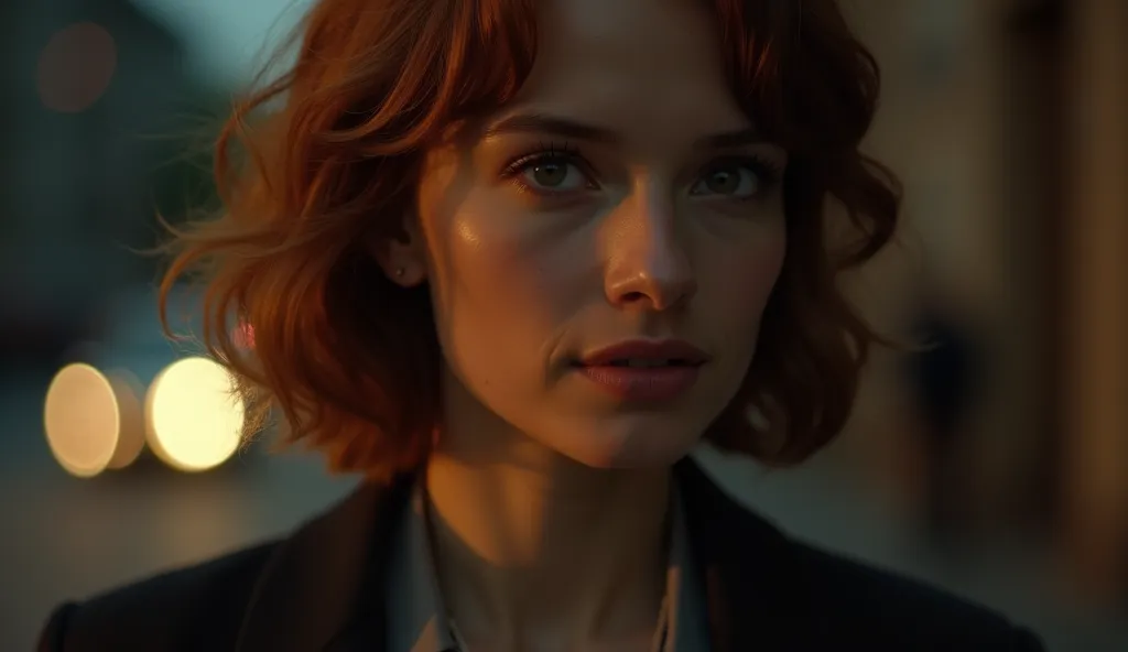 A final dramatic close-up—Amelia’s face_A young woman with sharp, determined eyes and a quiet strength. She has shoulder-length auburn hair, slightly tousled, as if always caught in motion. Wears a fitted blazer over a simple blouse, paired with dark slack...