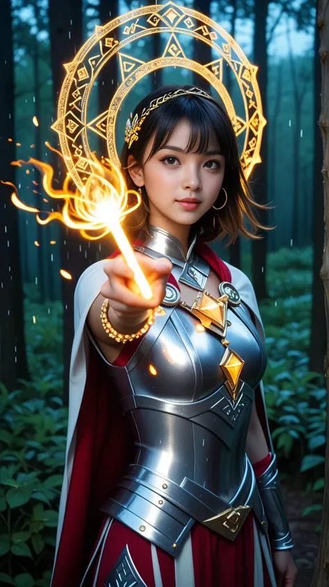 masterpiece, super detail, best quality, hyperrealistic 8K, ultra-detailed realistic, beautiful female, youthful, cute, goddess armor, gold decoration, jewelry, casting wind magic, deploy the magic circle, glowing runes, swilling magic energy, rain, enchan...