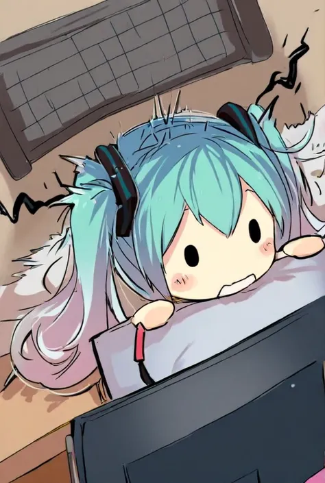 Hatsune Miku is focusing on her work, tirelessly searching for news on her computer, overheating and nearly exploding in the process.