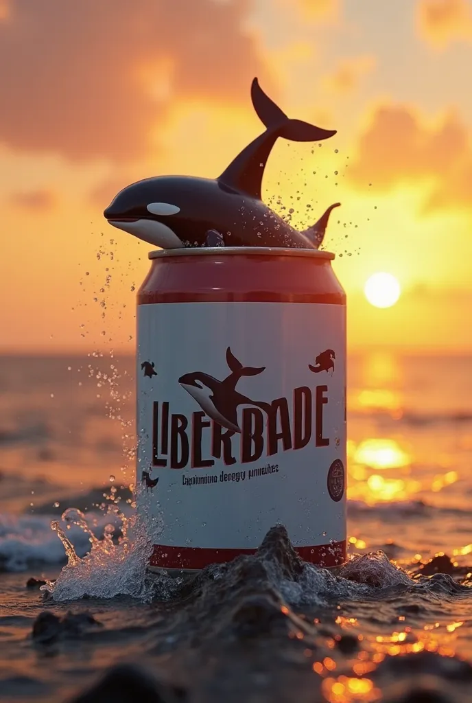 "A new energy created in Brazil called LIBERDADE, written in Portuguese, with the symbol of a colossal orca whale in the can, At the bottom of the sunset in Rio de Janeiro. around the can , there are small human-looking orca whales, like those mini workers...