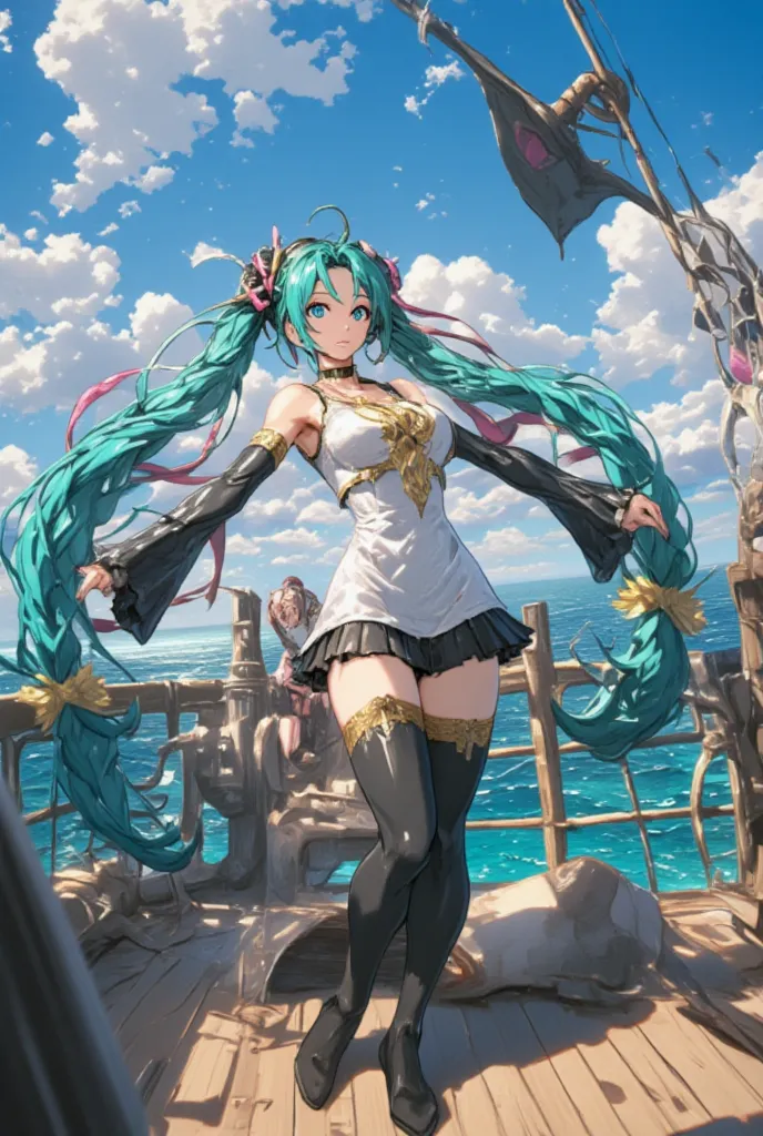 ( masterpiece、 top quality、 top quality、Official Art、  beautiful and beautiful  :1.2)、(one girl:1.3)  Hatsune Miku、Twin Tails, beautiful breasts,top quality、High Resolution、Detailed Background、beautiful face of a 24-year-old Japanese person down to the sma...