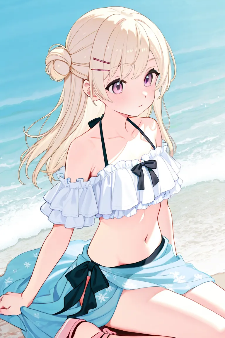 1 high school girl. A delicate off-shoulder bikini top with ruffled sleeves and a black bow at the center. A light, semi-transparent blue sarong tied at the side. Light blonde hair styled into a casual half-up bun with soft waves. small floral hairpins. Pi...