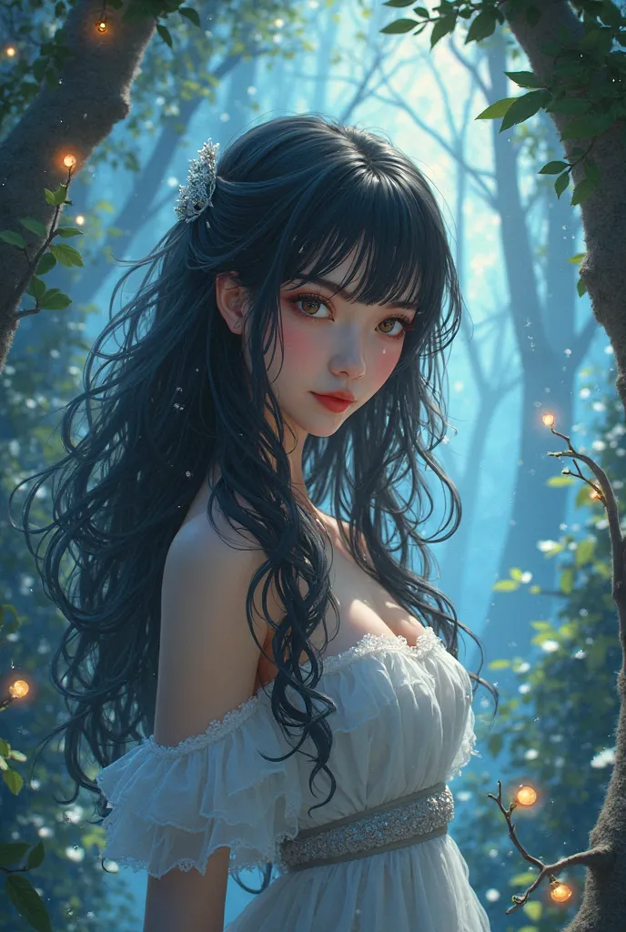 A beautiful fairytale with brown eyes and long black hair and a forest with blue clouds surrounded by twinkling lights 