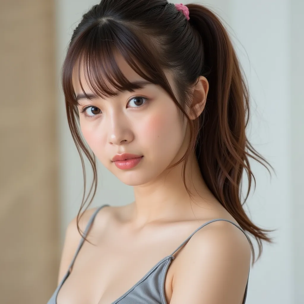 Japanese beautiful female, top quality, textured skin, light makeup, brown hair, both hands in ponytail. Wearing bikini.sweaty.Big breasts.turning around.