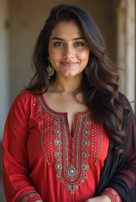 A Pakistani girl. Cute and innocent face. Realistic face. Cute and beautiful. Big and heavy breast.
Wearing deep neck red Punjabi kurti. Printed kurti. Black colour dupatta. Fat girl and heavy body shape.