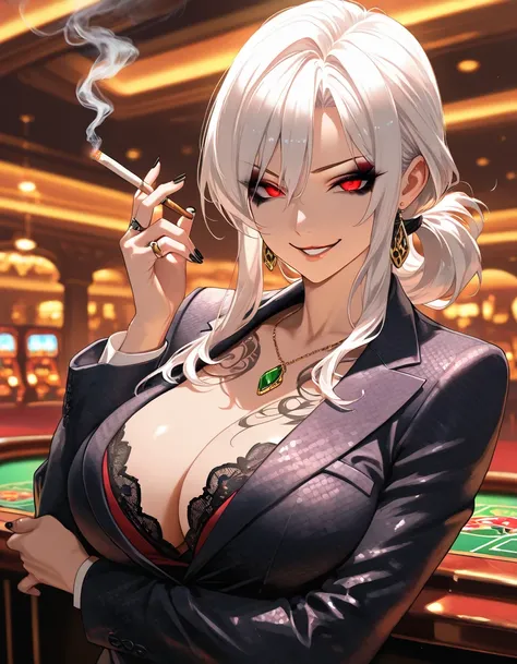 best quality, masterpiece, ultra-detailed, illustration, Italian Mafia, Mafia woman, Mature milf woman, red eyes, White hair, Tied Ponytail, looking at viewer, (evil smile), heavy eyeliner, (wearing a suit), Body tattoos, Tattooed skin, bold patterns, dram...