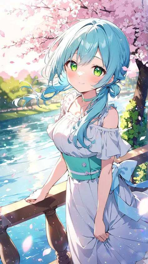 green空、cherry blossoms、cherry blossoms吹雪、hidden hair, solo, greenい目, green/light blue hair tied at the top、By the river、Put your hand on the balustrade、How hair flutters in the wind、dutch angle, blur background, lens flare, glitter effect, 