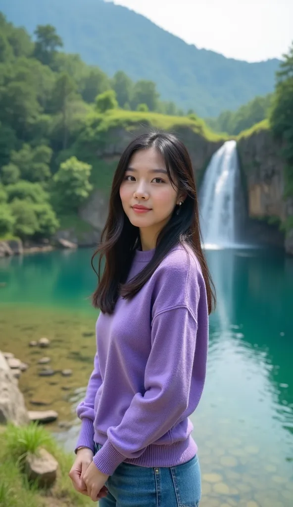 Portrait of a beautiful Korean woman looking at the camera,  wearing purple sweater , and denim jeans, on a small green hill, with a small plateau touching a lake, whose water is so clear that it perfectly reflects sunlight.there is a rock formation withou...