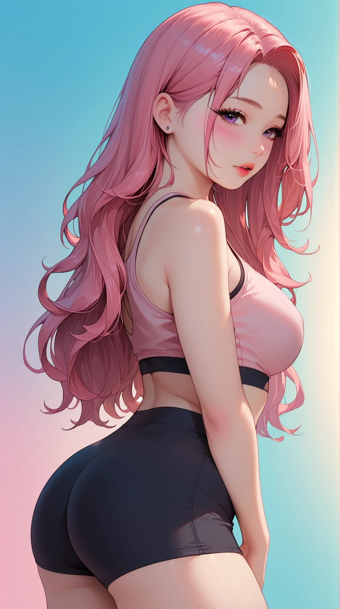 pink hair, pale skin, young korean girl, sexy, submissive, voluptuous, big breasts, big butt, long hair, sports bra, yoga shorts, blushing, flirting ((Linear Manga Style)) (*she's made of naughty, hot girl*), no background, colorful background, 