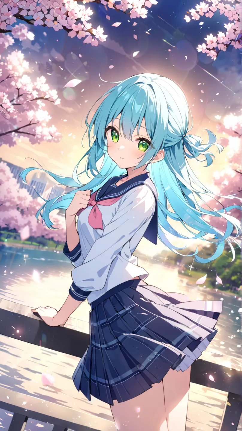 green空、cherry blossoms、cherry blossoms吹雪、hidden hair, solo, greenい目, green/light blue hair tied at the top、By the river、Put your hand on the balustrade、How hair flutters in the wind、school uniform、dutch angle, blur background, lens flare, glitter effect, 