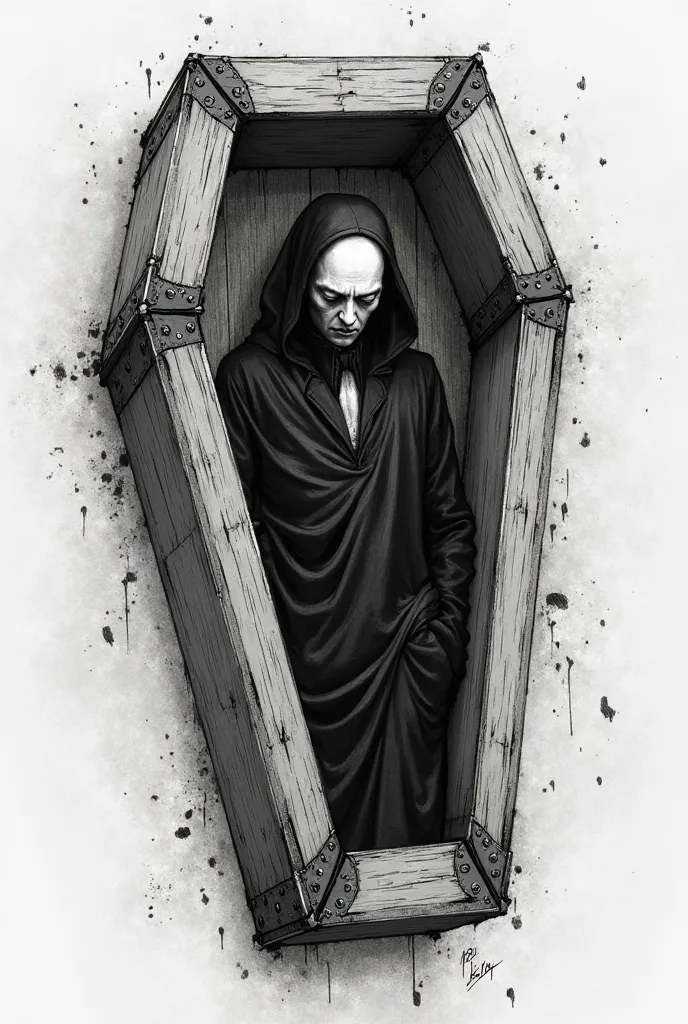 sketch of a vampire in coffin, black and white, minimalistic