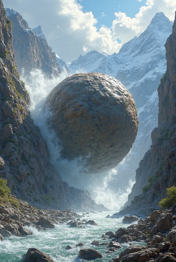 A medium rock is falling from a high mountain toward the river