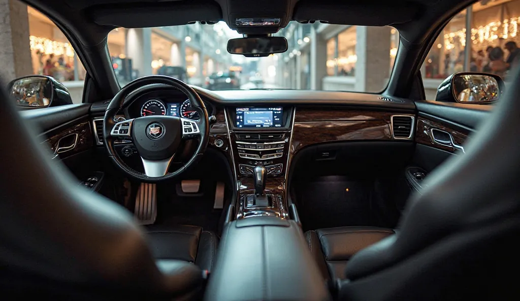 "The interior of a Cadillac XLR in pure black color is displayed in a luxurious showroom. The cabin exudes elegance with premium leather seats, wood and aluminum accents, and a driver-focused cockpit. The dashboard features a high-tech touchscreen infotain...