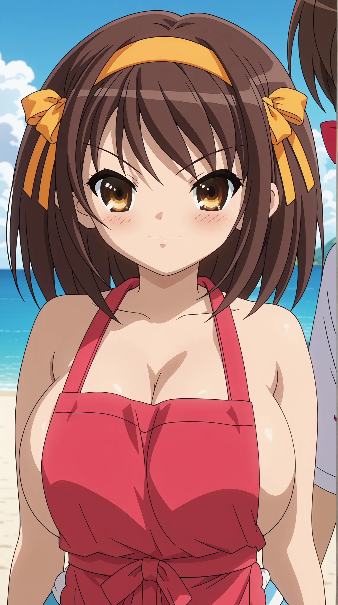 (UHD, retina, masterpiece, accurate, anatomically correct, super detail, high details,   highres,anime screencap, anime coloring:1.3)、(haruhi suzumiya:1.3)、(short hair, brown hair, brown eyes, hairband, medium hair, ribbon, hair ribbon:1.3)、(body blush:1.3...