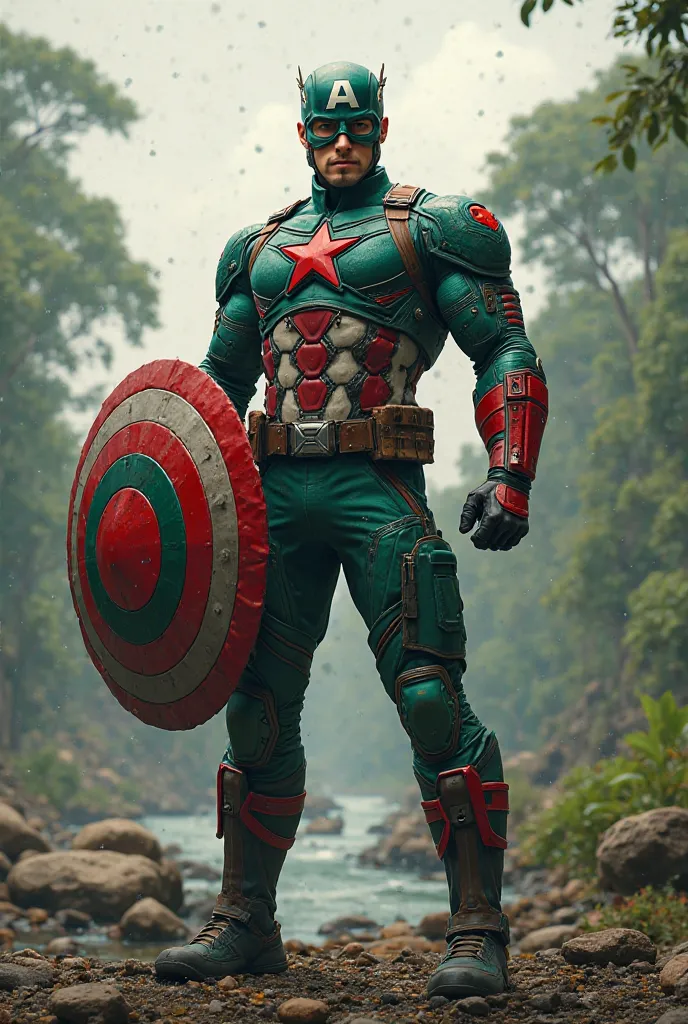 Captain America of Bangladesh. Replace the blue and white of Captain America's armor with the green and red of the Bangladesh flag. The shield must be with the flag of Bangladesh