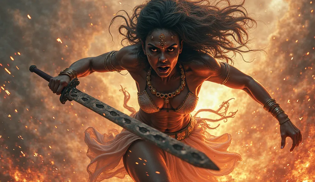 Kali charging forward with her sword, her muscles tense, speed and power evident.
