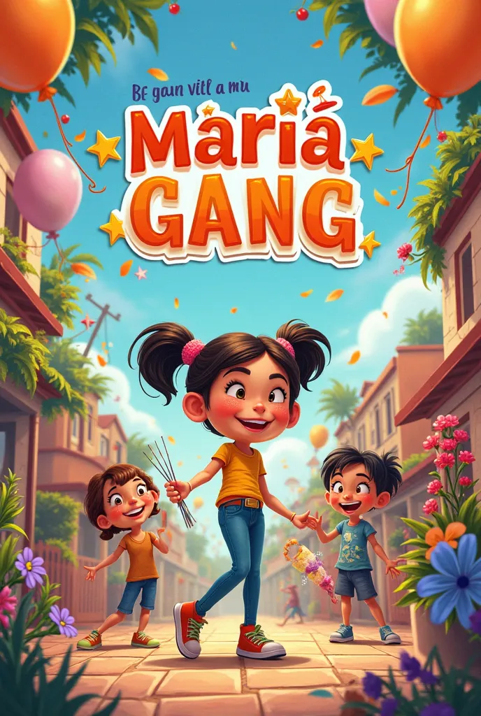 creating a birthday invitation with the Magali theme from Monica's Gang,  with text: Maria Flor is s, is 05/04 to 19:00