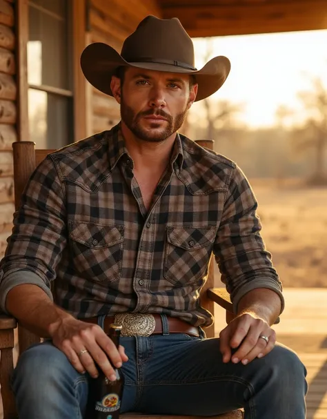 Jensen Ackles. 40 years old, brunette short hair, brown eyes, 5 days without shaving, caucasian complexion, athletic body. Handsome, serious facial expression. He is wearing a buttoned lumberjack shirt, jeans pants, brown belt, brown cowboy hat. Day light,...