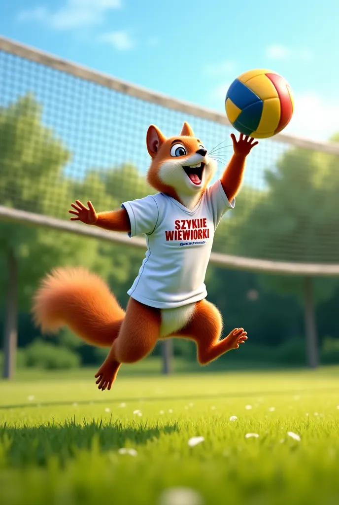 Squirrel playing volleyball with white Jersey and the Team name od szybkie wiewiorky 