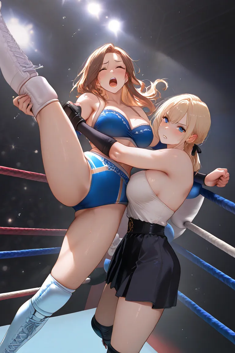 A depiction of a female wrestling match between Japanese and American women,perfect anatomy,a square wrestling ring, with three ropes stretched at each corner